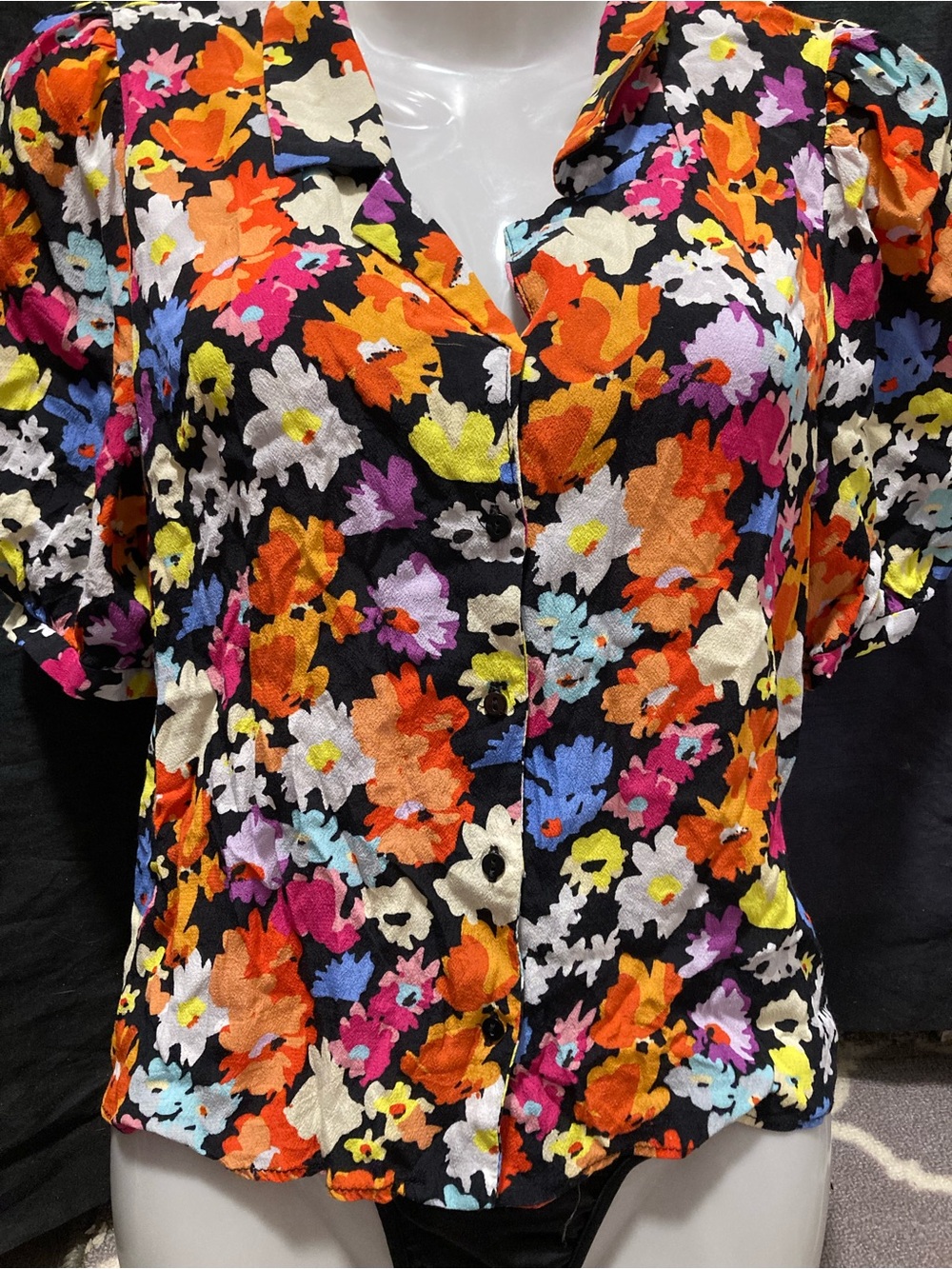 Zara Black Floral Button-Front Top with Multicolor Blooms